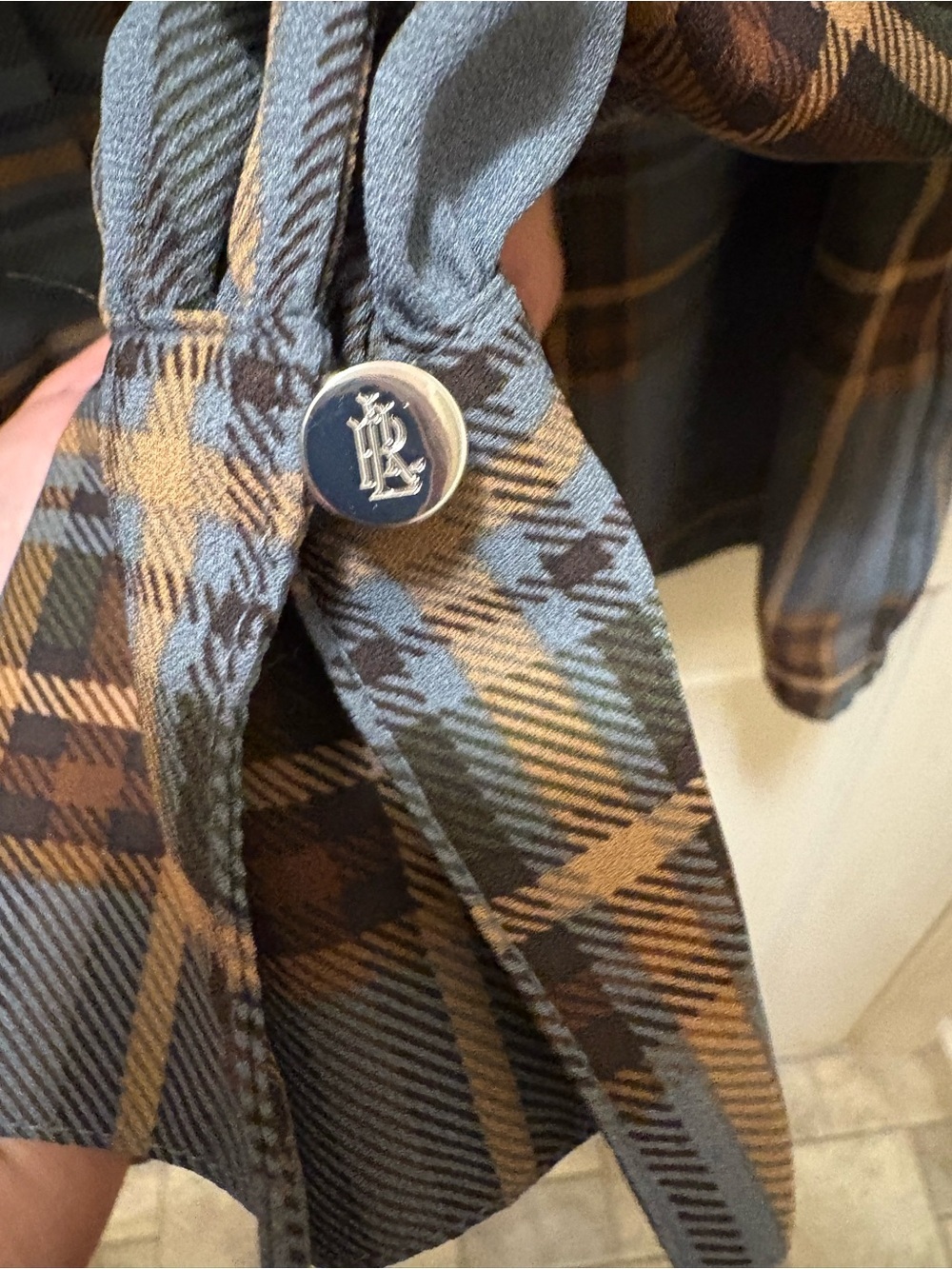Lauren Ralph Lauren Plaid Tie Neck Bow Blouse Womans Sz M Blue Gray Brown - Picture 9 of 16